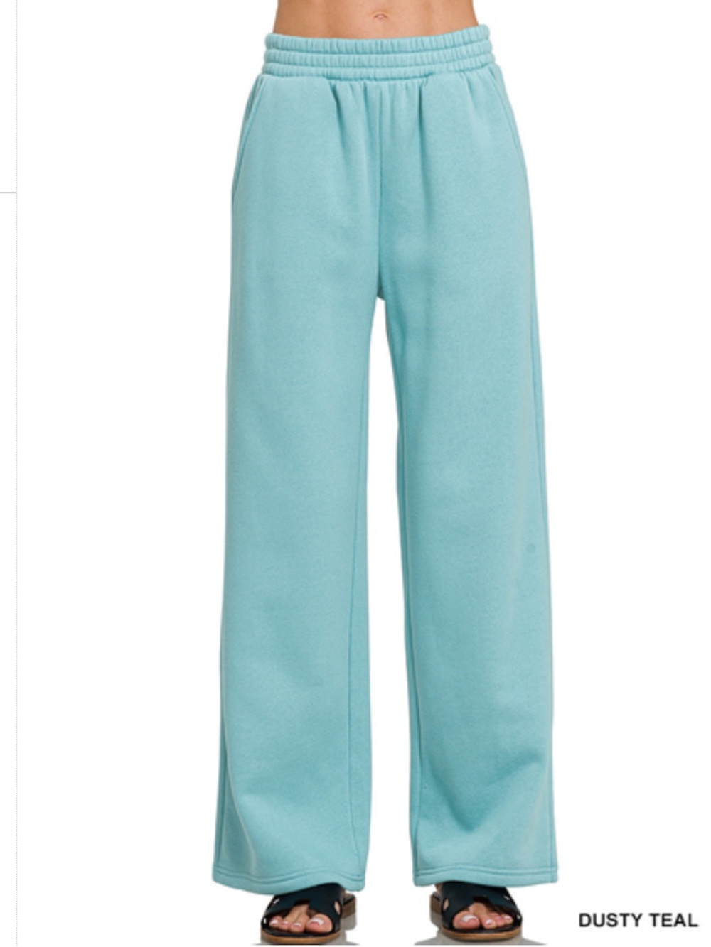 Zenana Dusty Teal Crewneck Pullover Sweater and Wide Leg Pants Set - Picture 2 of 2